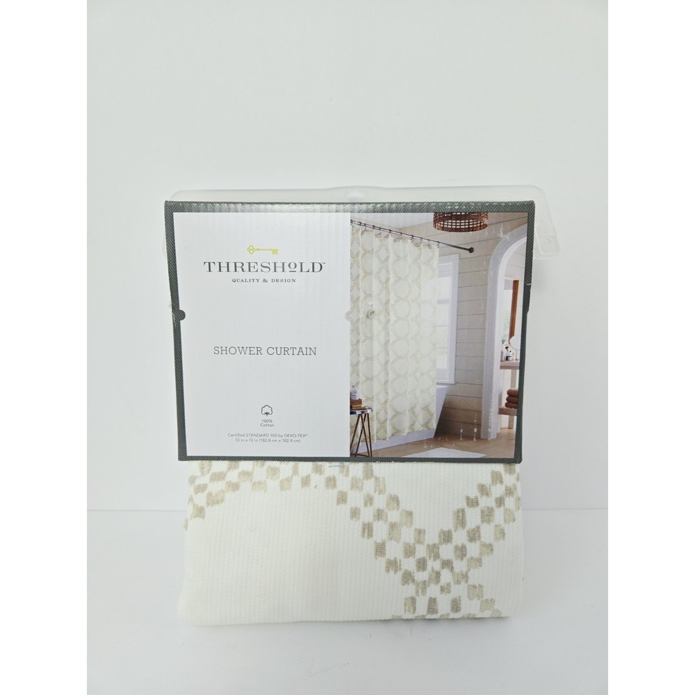 Threshold Shower Curtain cotton fabric off white beige NEW 72x72" neutral grid‎